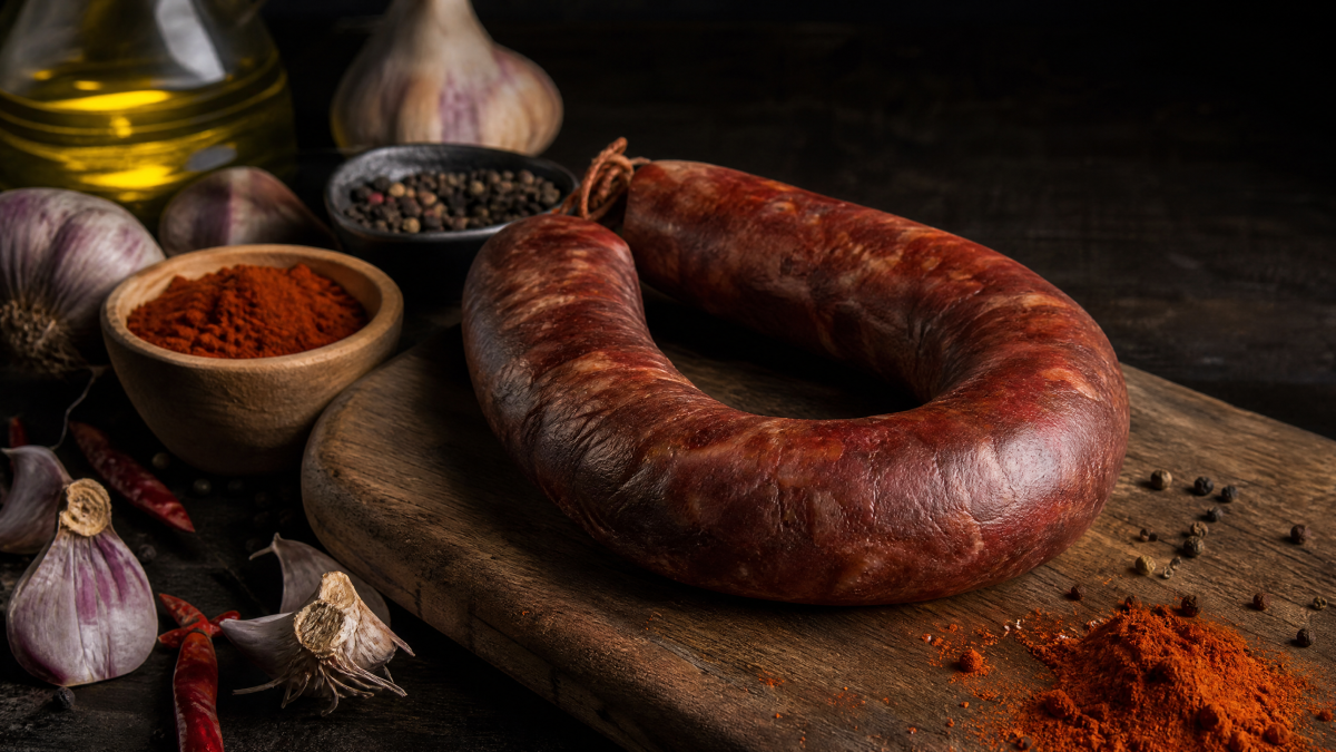 Longaniza aragonesa sobre tabla de madera — Restaurante Casa Agustín
